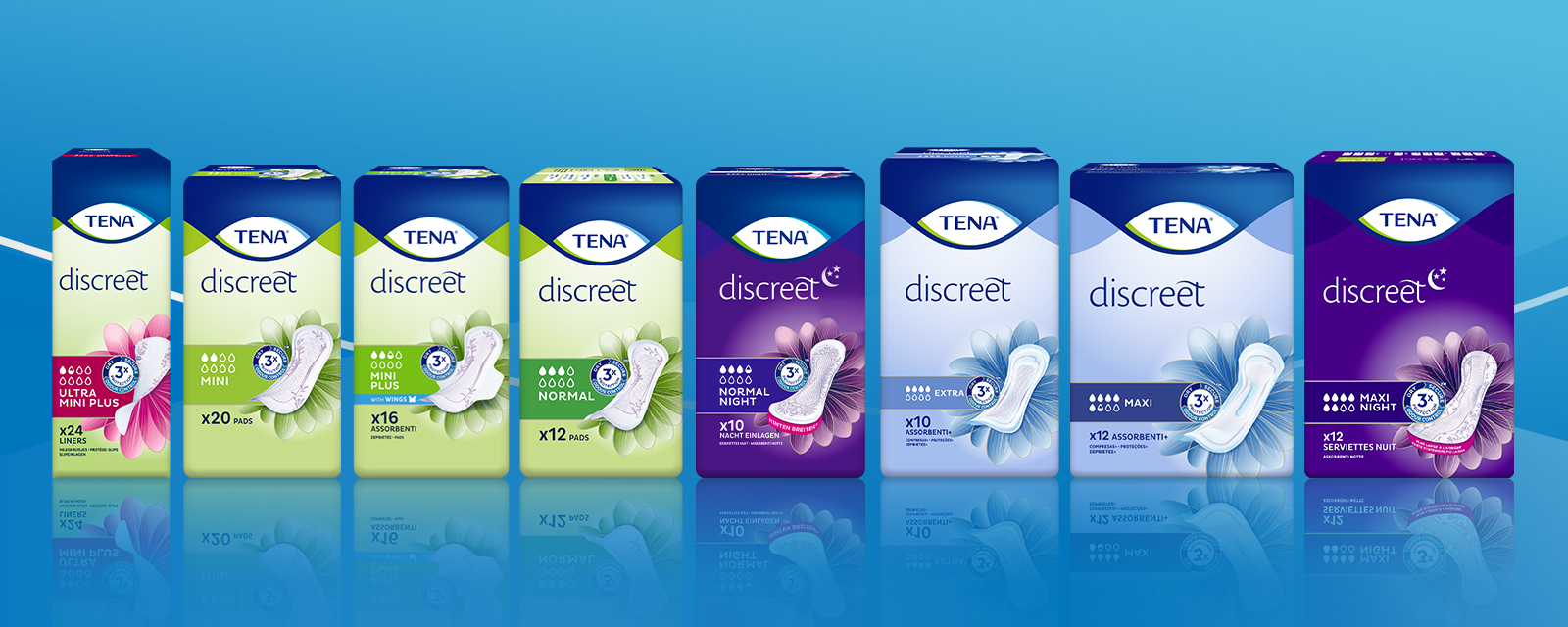 Από τα αριστερά: TENA Discreet Extra, TENA Discreet Maxi Night, TENA Silhouette Πλενόμενο εσώρουχο Classic & Εσώρουχο για την ακράτεια TENA Silhouette Washable Underwear High Waist. Από τα αριστερά: TENA Discreet Extra, TENA Discreet Maxi Night, TENA Silhouette Πλενόμενο εσώρουχο Classic & Εσώρουχο για την ακράτεια TENA Silhouette Washable Underwear High Waist.
